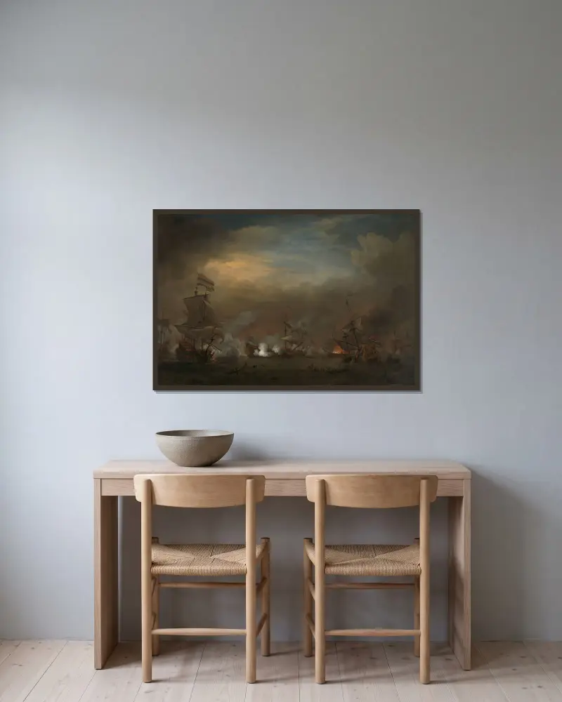 Möte under slaget vid Kijkduin av Willem van de Velde the Younger inramad på en vägg