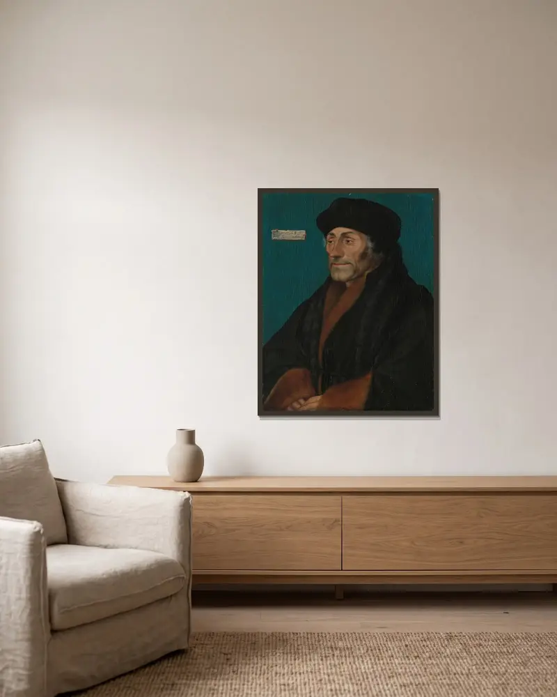 Erasmus av Rotterdam, 1532 av Hans Holbein The Younger inramad på en vägg