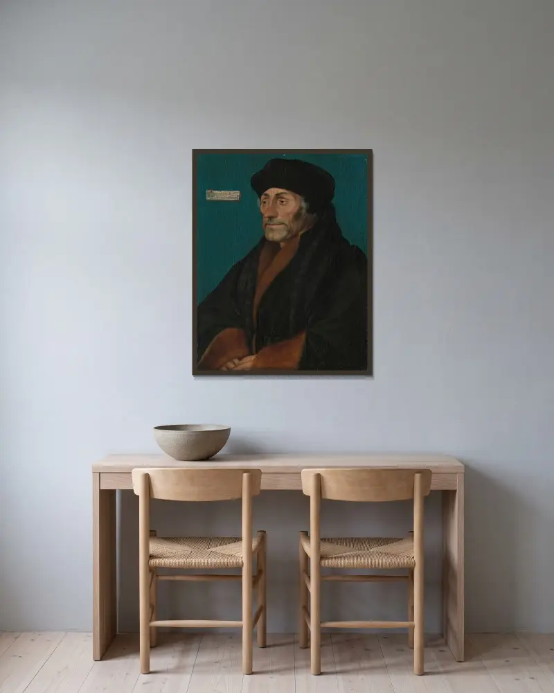 Erasmus av Rotterdam, 1532 av Hans Holbein The Younger inramad på en vägg