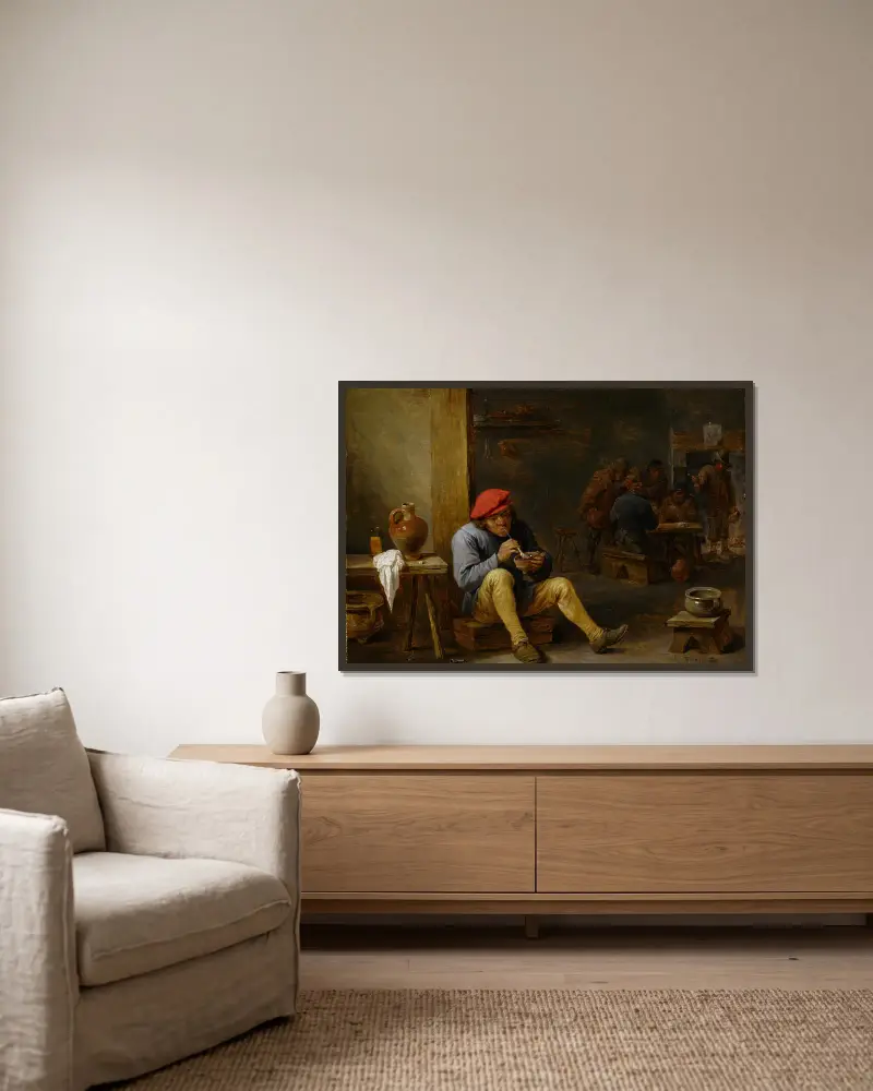 Bauer in der Schenke, beim Pfeifeanzünden von David Teniers The Younger gerahmt an einer Wand