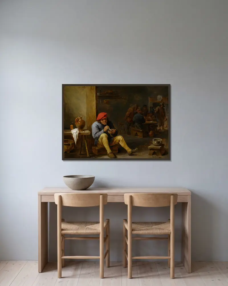 Bauer in der Schenke, beim Pfeifeanzünden von David Teniers The Younger gerahmt an einer Wand