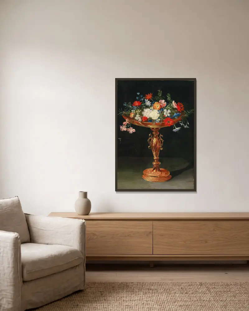 Blommor i en förgylld tazza av Jan Brueghel the Younger inramad på en vägg