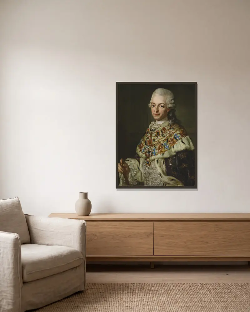 Gustav III, 1746-1792 av Lorens Pasch the Younger inramad på en vägg
