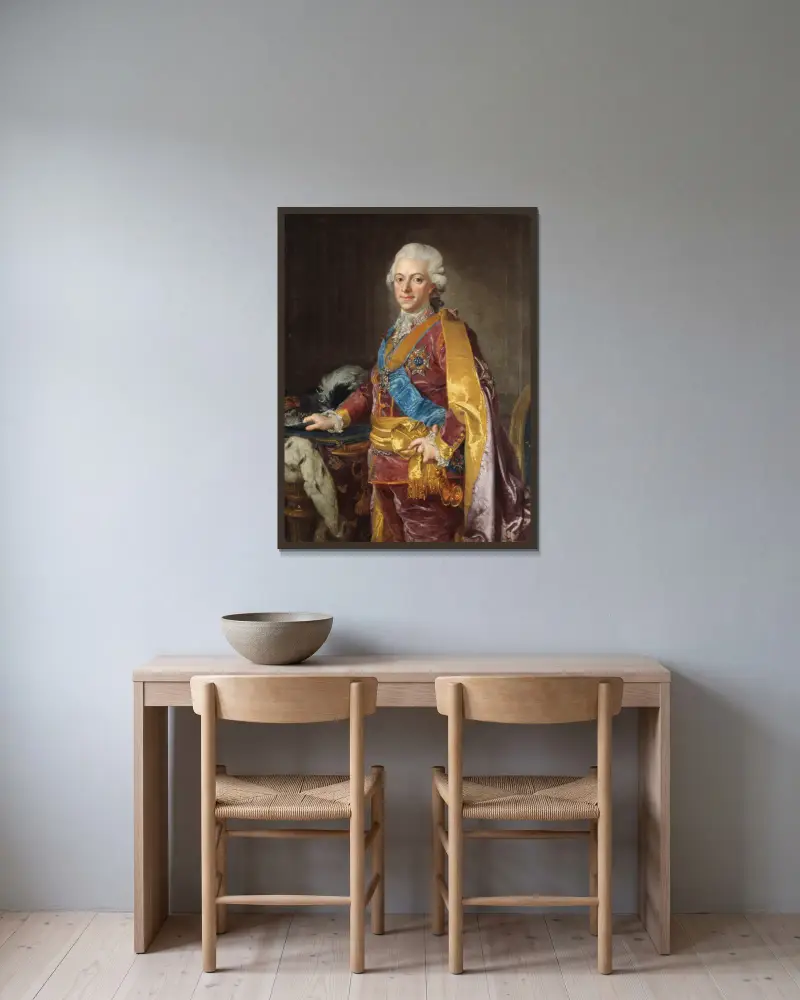 Gustav III., König von Schweden 1772–1792 von Lorens Pasch the Younger gerahmt an einer Wand