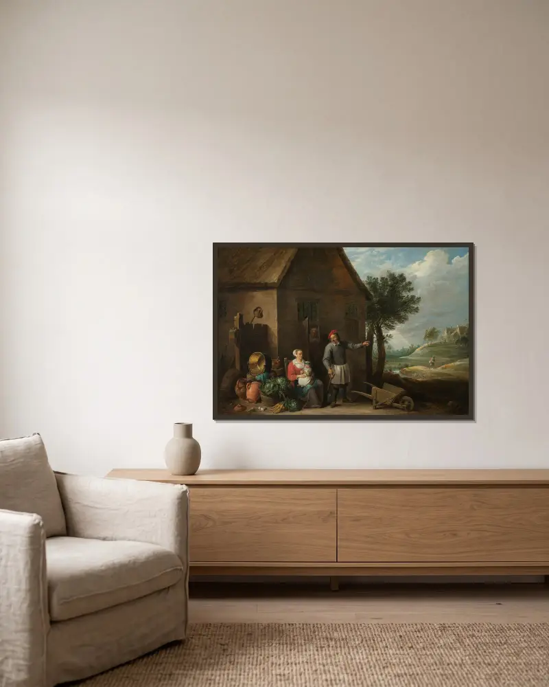 Bonde vid en stugdörr med en sittande kvinna och barn av David Teniers The Younger inramad på en vägg