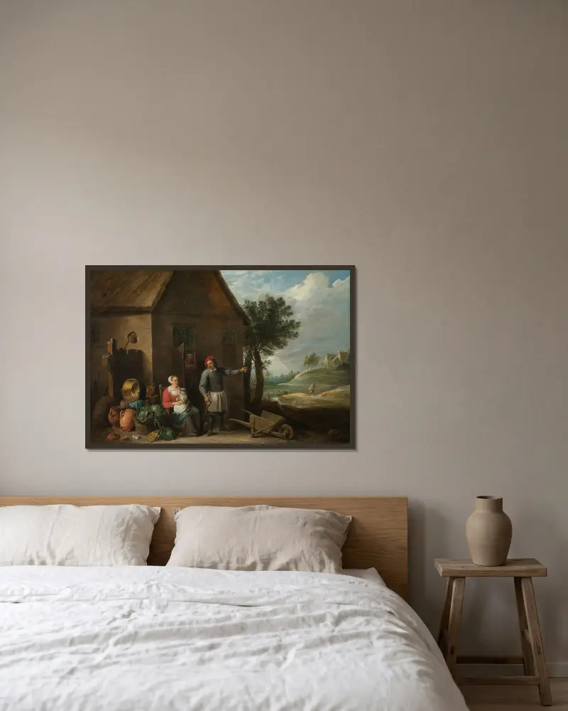 Bonde vid en stugdörr med en sittande kvinna och barn av David Teniers The Younger inramad på en vägg