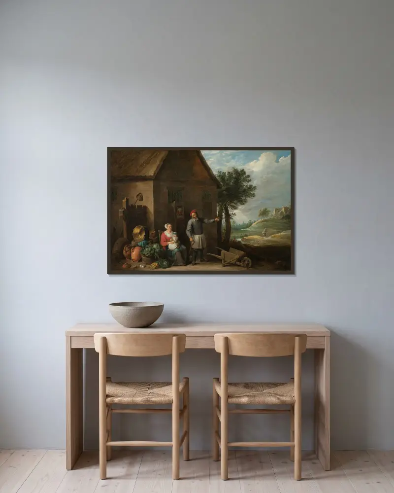Bonde vid en stugdörr med en sittande kvinna och barn av David Teniers The Younger inramad på en vägg