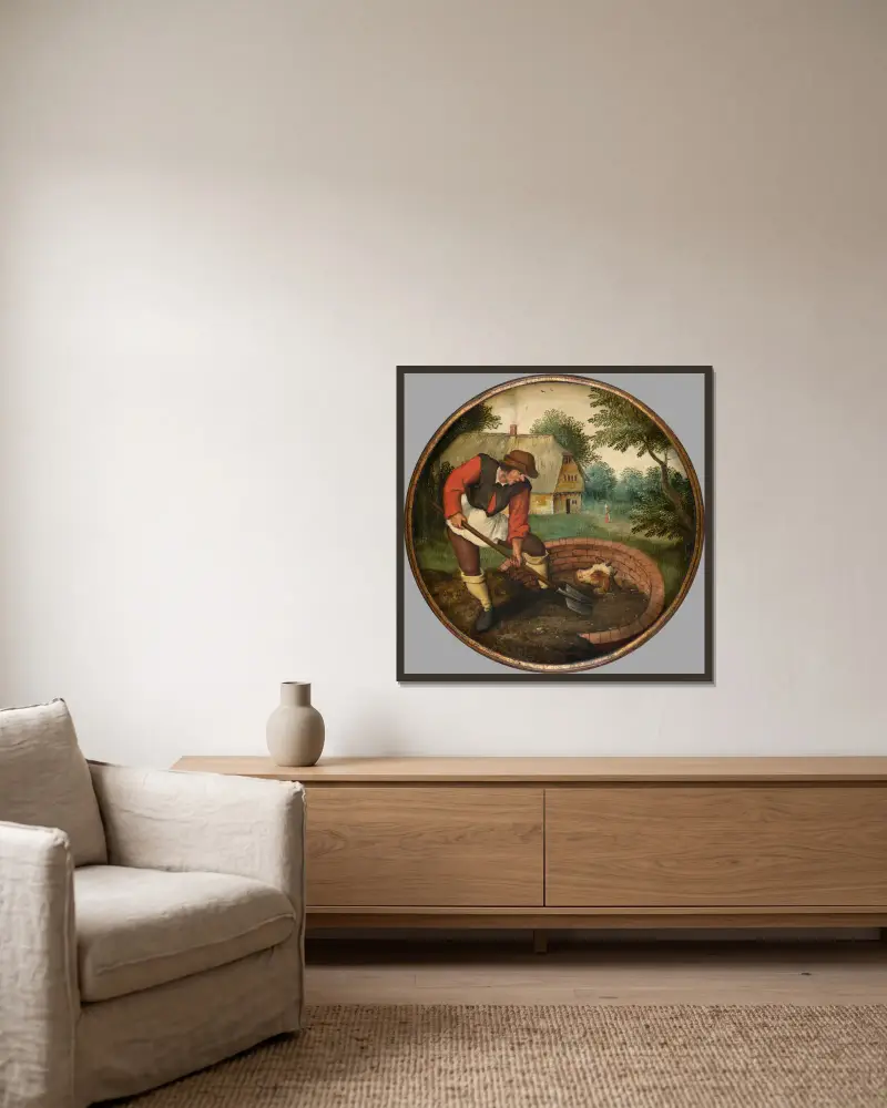 Det är för sent att fylla igen brunnen när kalven har drunknat av Pieter Brueghel The Younger inramad på en vägg
