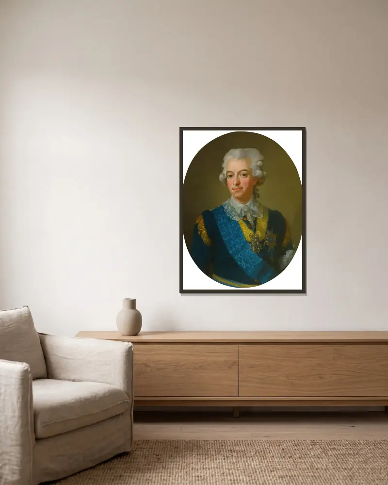 Kung Gustav III av Sverige av Lorens Pasch the Younger inramad på en vägg