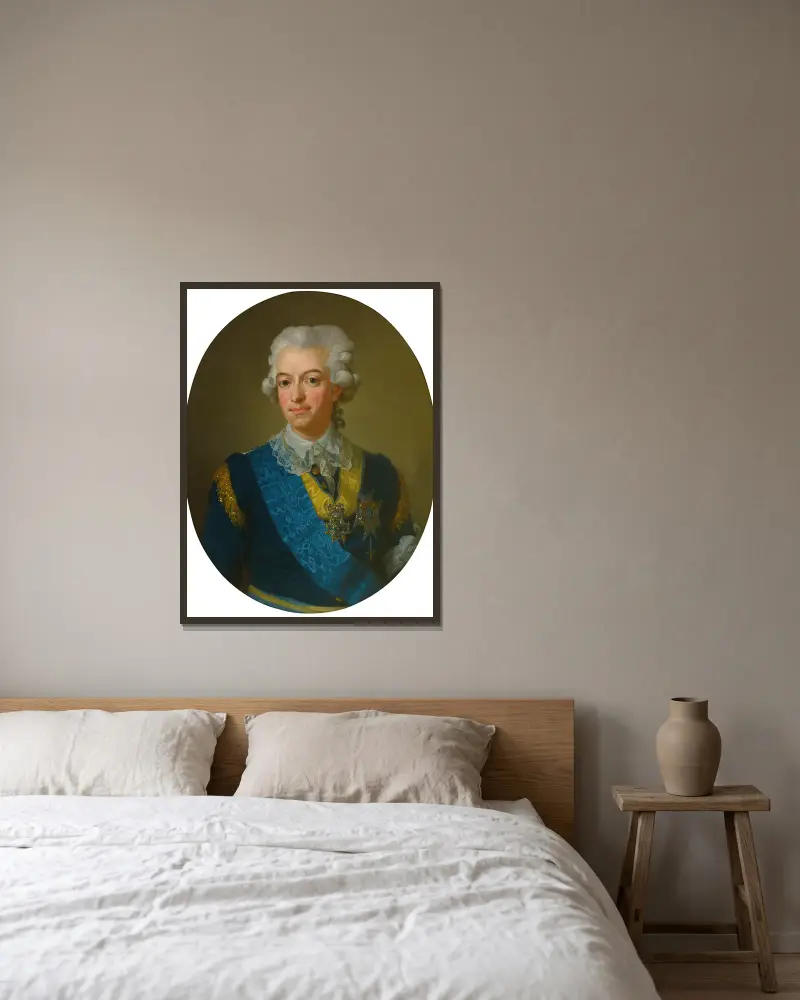 Kung Gustav III av Sverige av Lorens Pasch the Younger inramad på en vägg