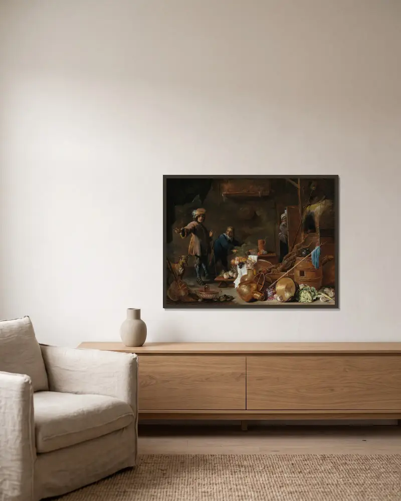 Kücheninterieur, 1643 von David Teniers The Younger gerahmt an einer Wand