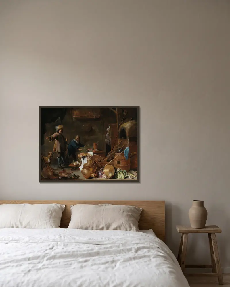 Kücheninterieur, 1643 von David Teniers The Younger gerahmt an einer Wand