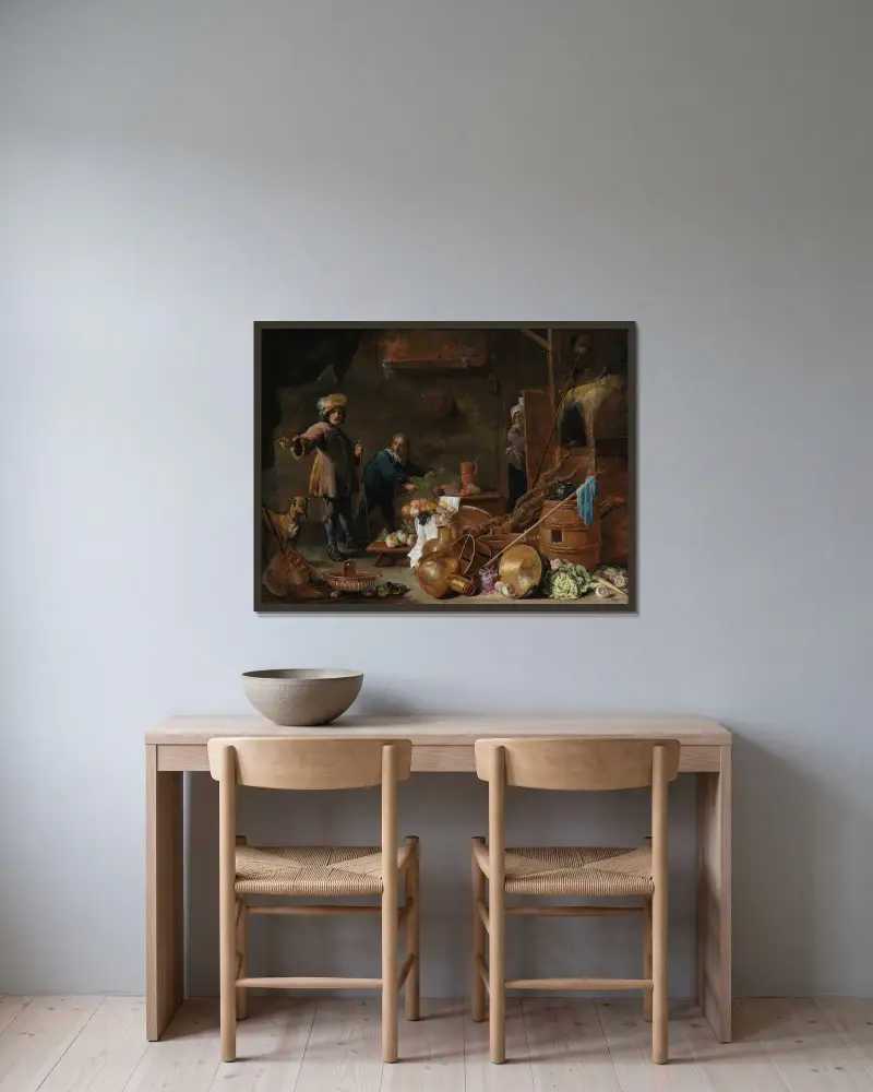 Kücheninterieur, 1643 von David Teniers The Younger gerahmt an einer Wand