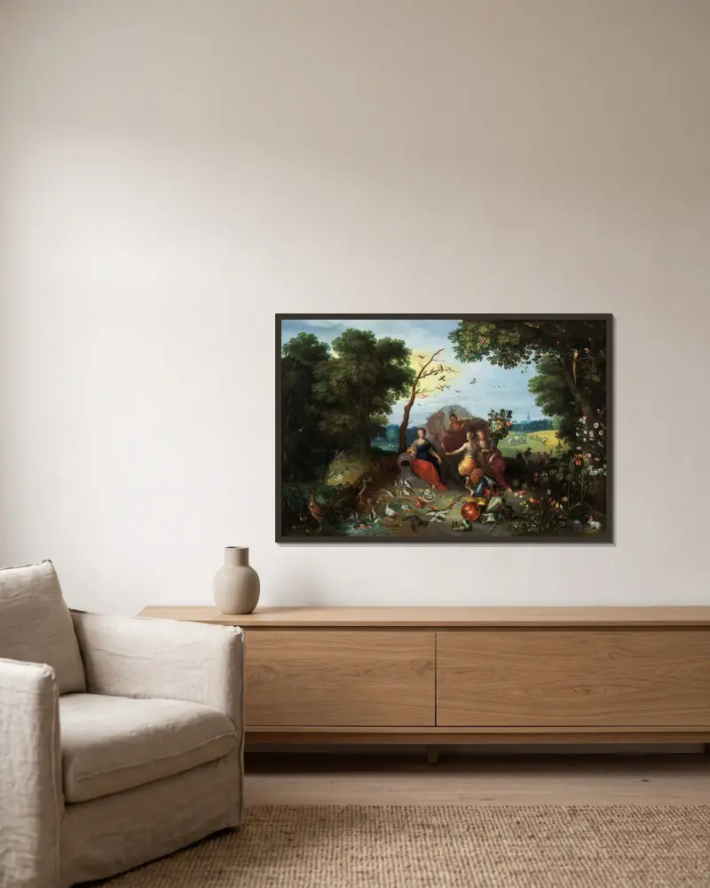 Landskap med allegorier över de fyra elementen av Jan Brueghel the Younger inramad på en vägg