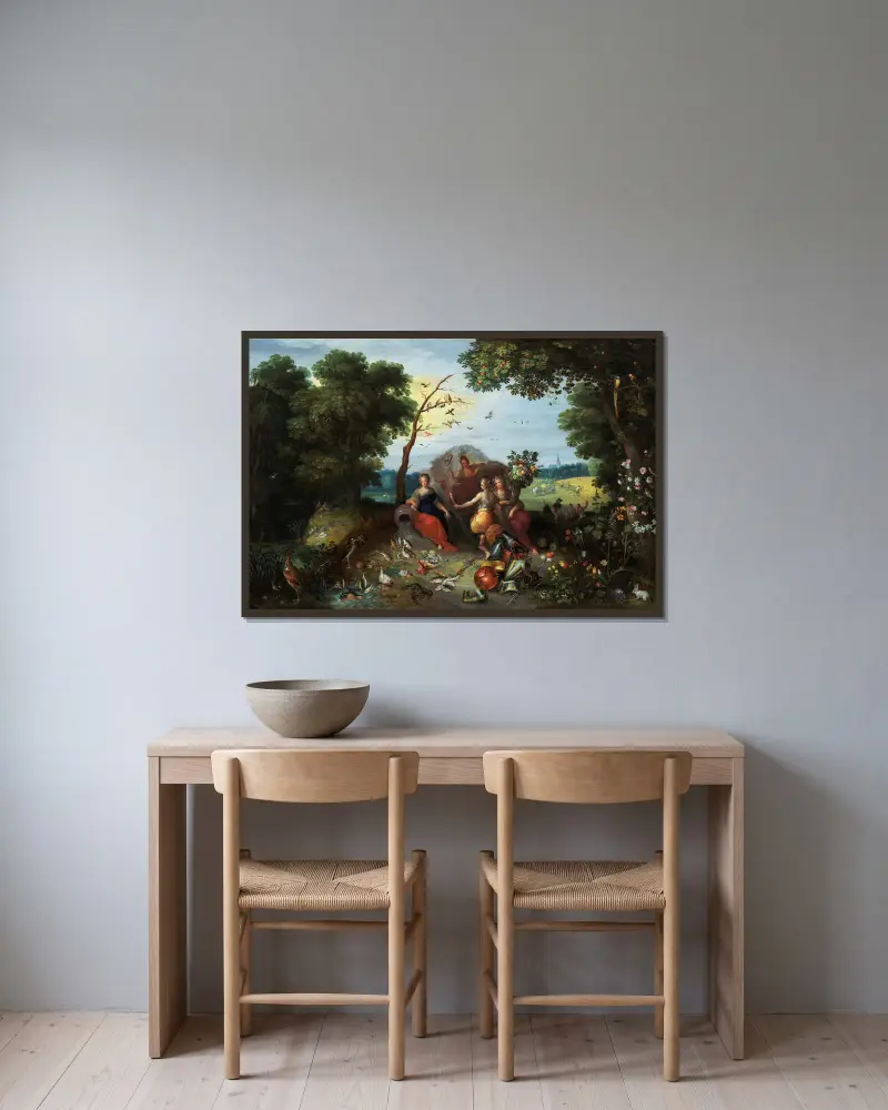 Landskap med allegorier över de fyra elementen av Jan Brueghel the Younger inramad på en vägg