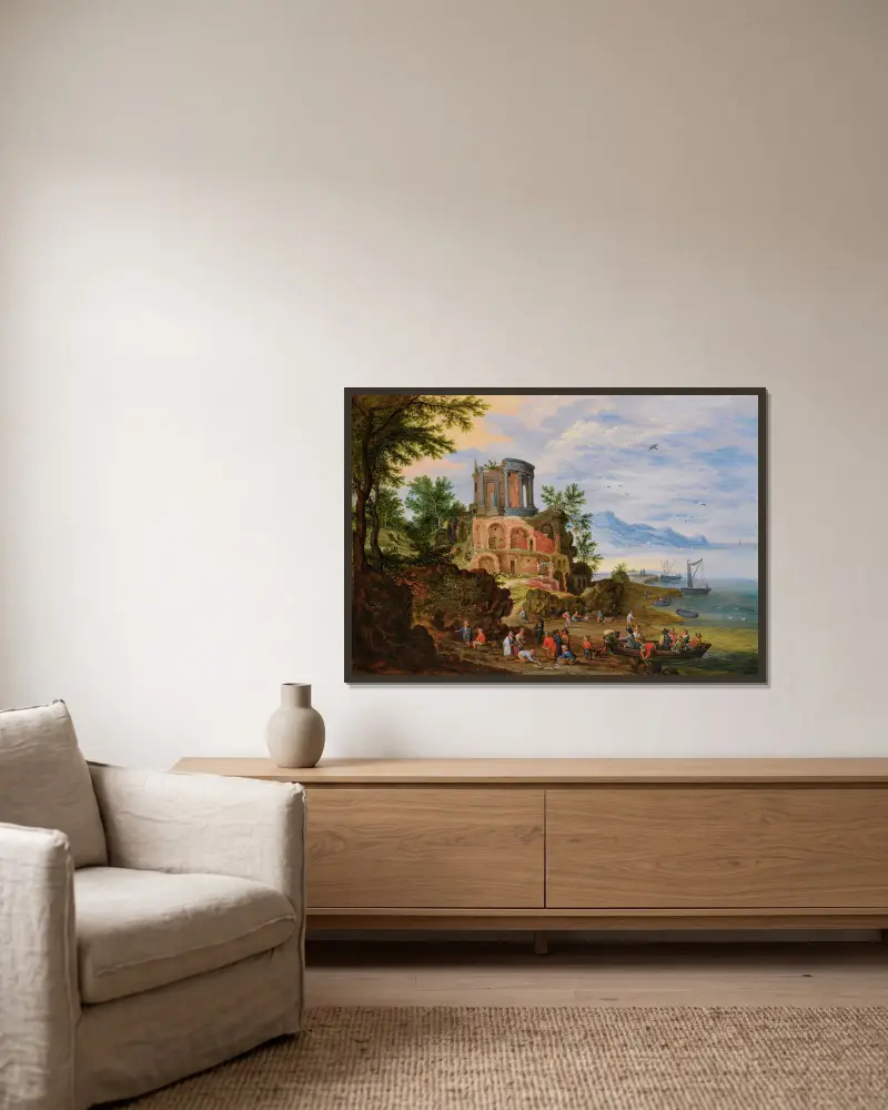 Krajina s ruinami oživená postavami, Jan Brueghel the Younger v rámu na stěně