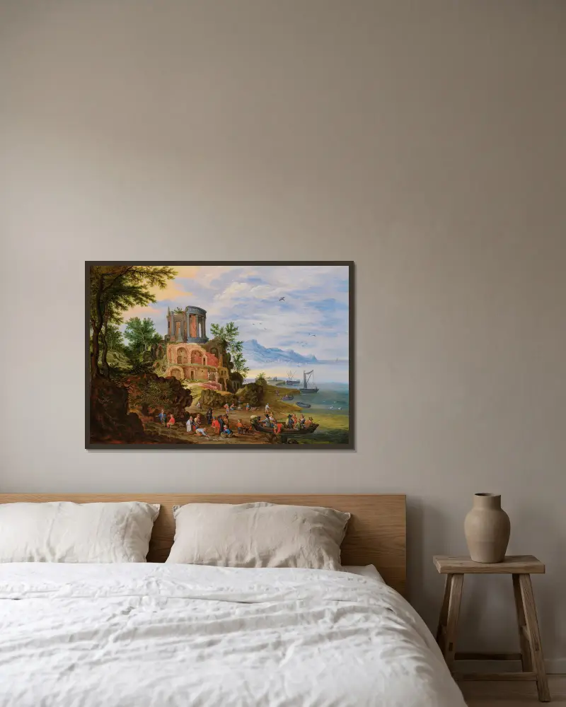 Krajina s ruinami oživená postavami, Jan Brueghel the Younger v rámu na stěně