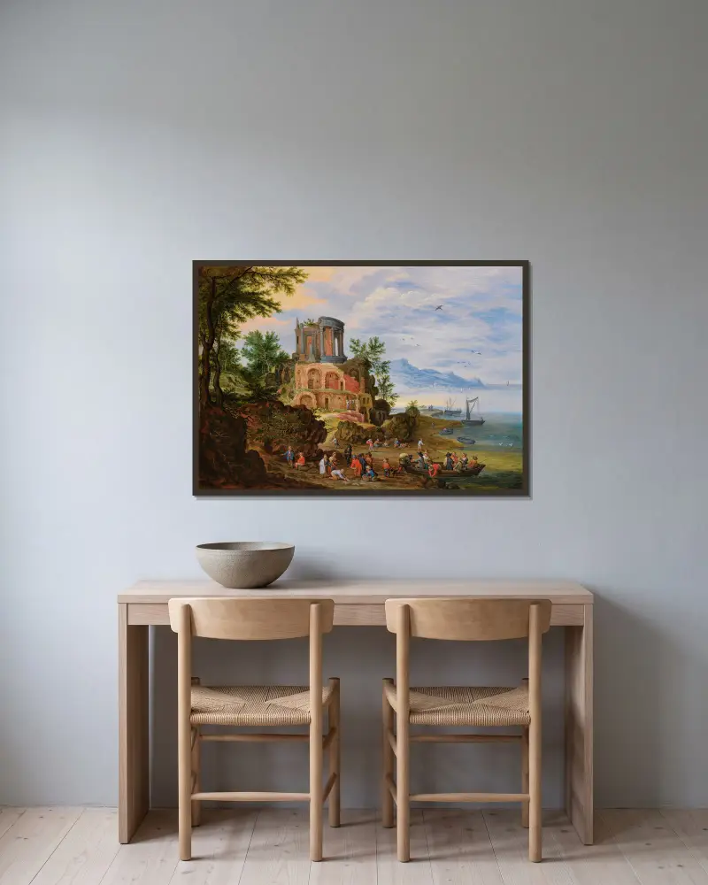Krajina s ruinami oživená postavami, Jan Brueghel the Younger v rámu na stěně