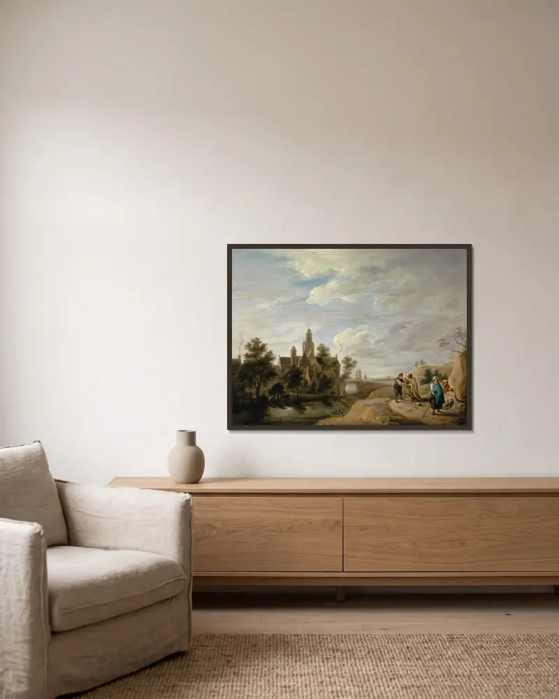 Landscape with Staffage Figures av David Teniers The Younger inramad på en vägg