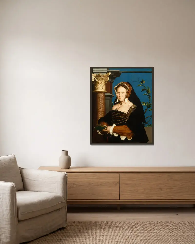Mary, Lady Guildford von Hans Holbein The Younger gerahmt an einer Wand