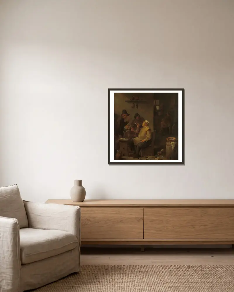 Murare röker i sällskap på en krog av David Teniers The Younger inramad på en vägg