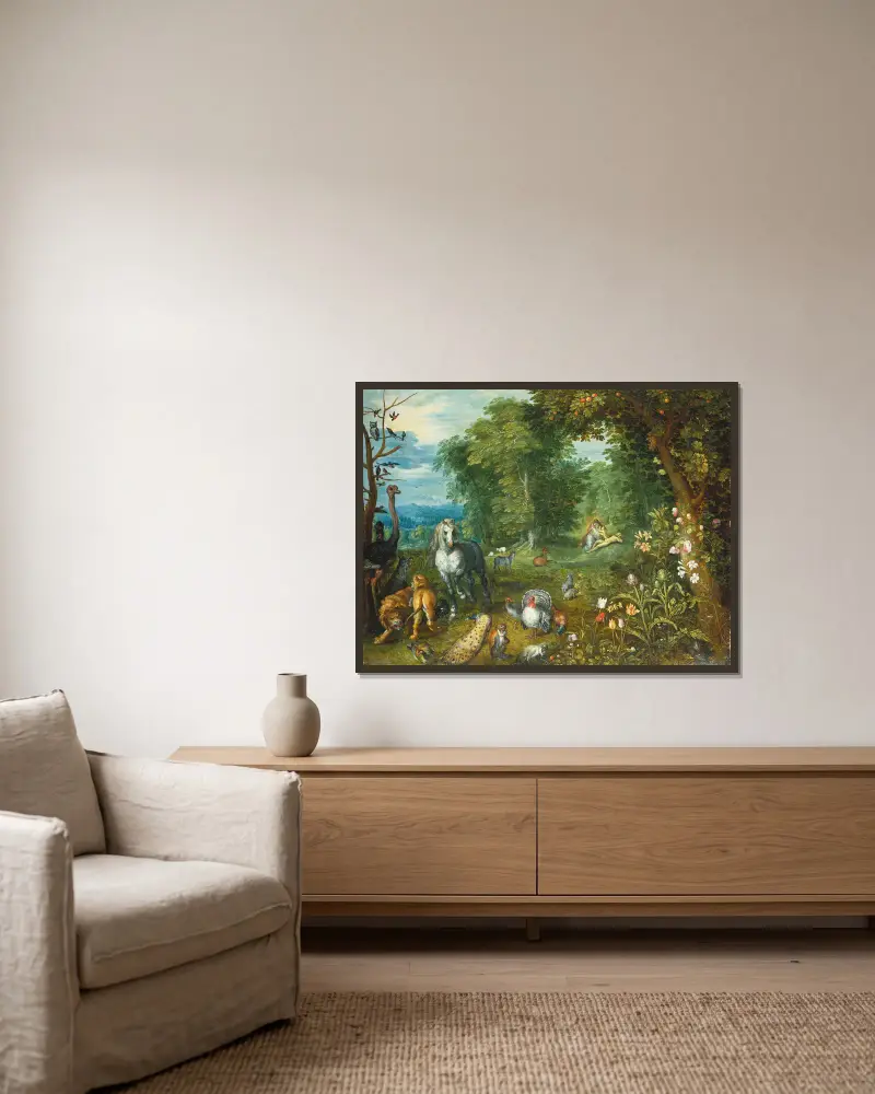Paradiset med Evas skapelse av Jan Brueghel the Younger inramad på en vägg