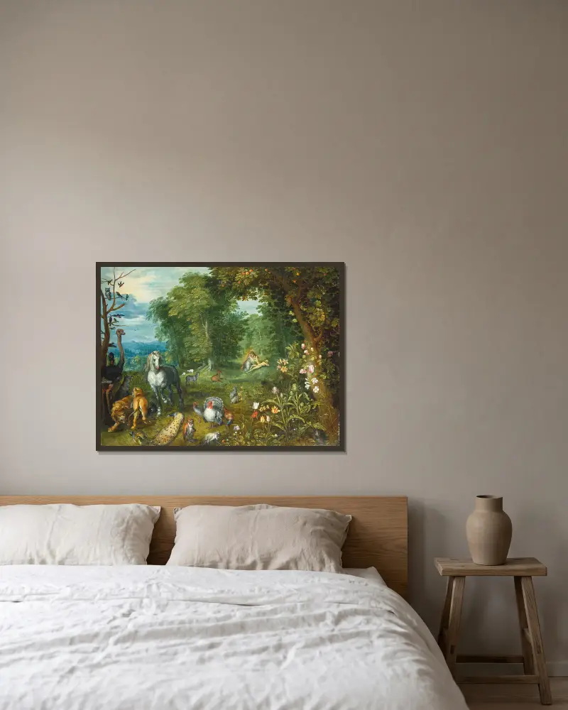Paradiset med Evas skapelse av Jan Brueghel the Younger inramad på en vägg