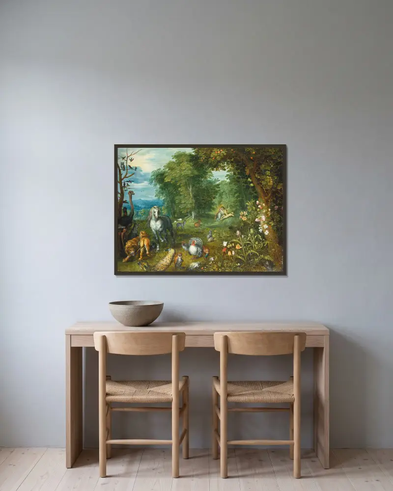 Paradiset med Evas skapelse av Jan Brueghel the Younger inramad på en vägg