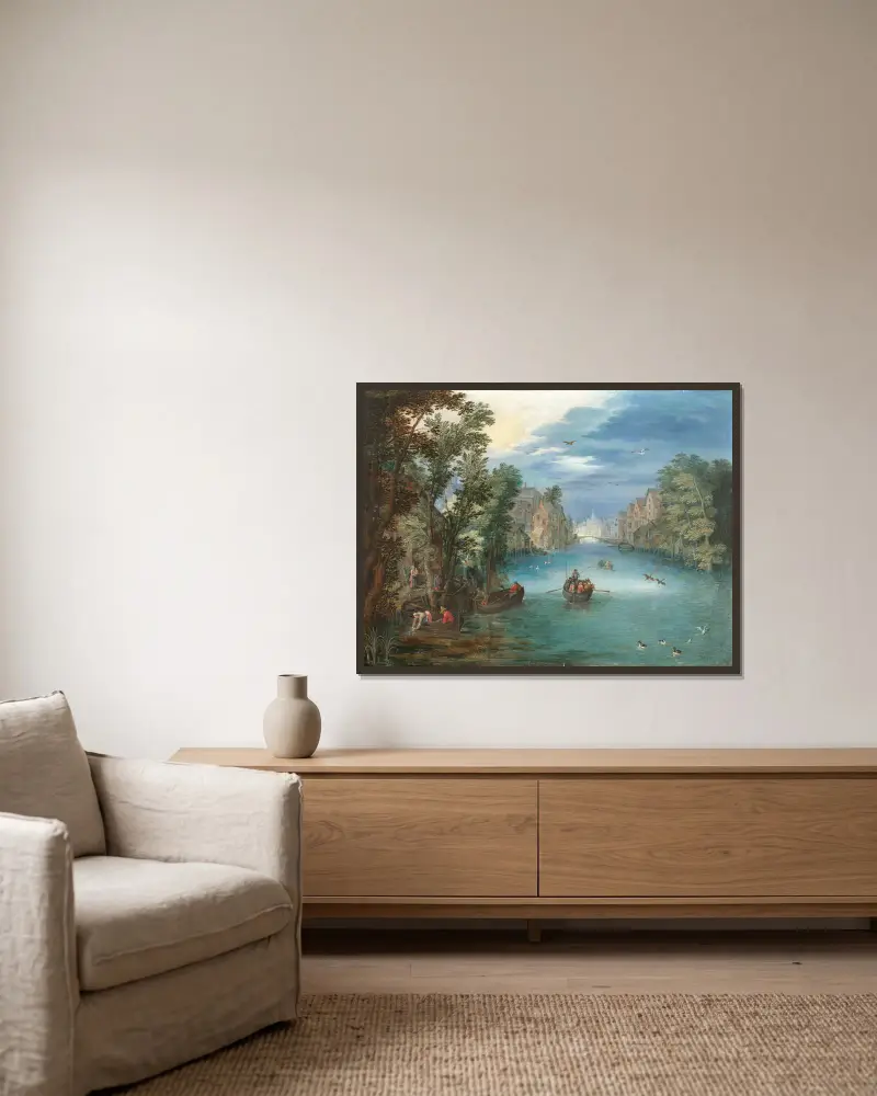 Flodlandskap med figurer av Jan Brueghel the Younger inramad på en vägg