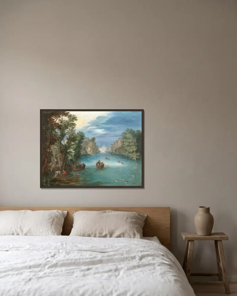 Flodlandskap med figurer av Jan Brueghel the Younger inramad på en vägg
