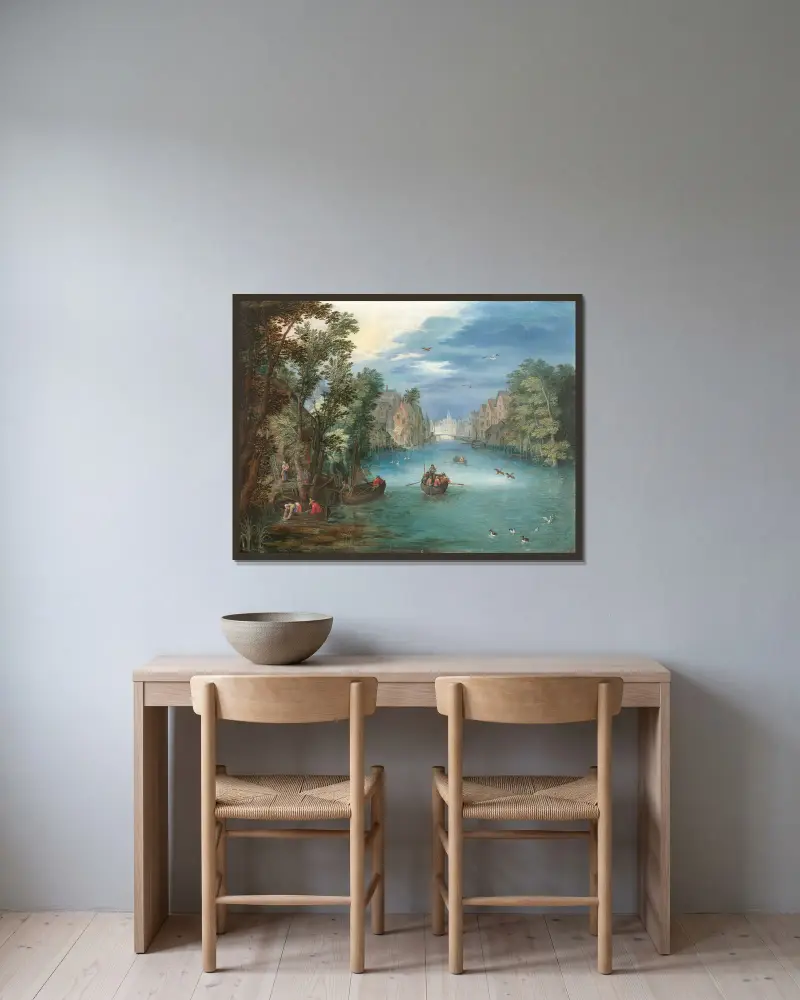 Flodlandskap med figurer av Jan Brueghel the Younger inramad på en vägg