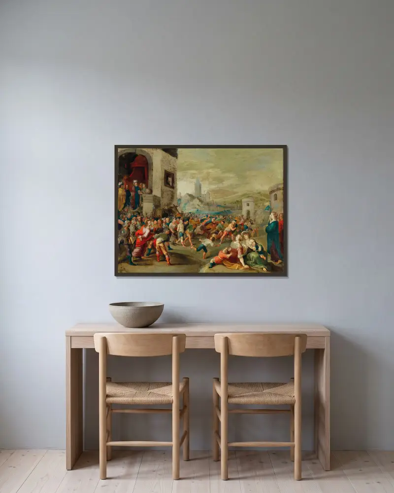 Pilatus tvår sina händer av Frans Francken the Younger inramad på en vägg