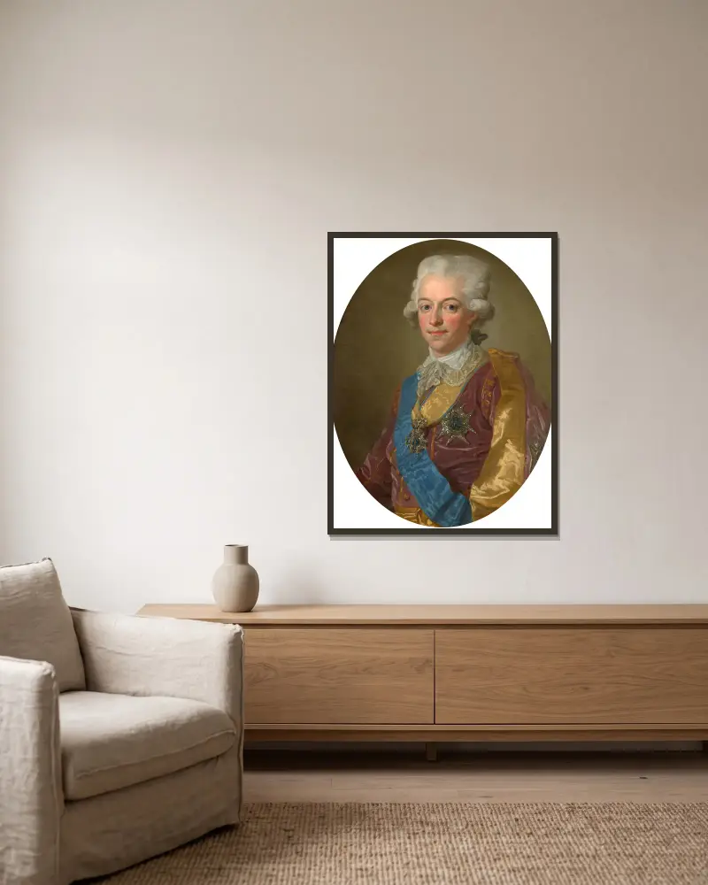 Porträt von Gustav III., König von Schweden von Lorens Pasch the Younger gerahmt an einer Wand