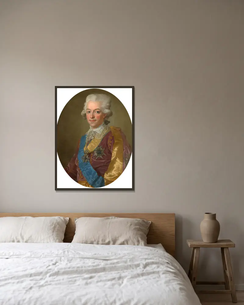Porträt von Gustav III., König von Schweden von Lorens Pasch the Younger gerahmt an einer Wand