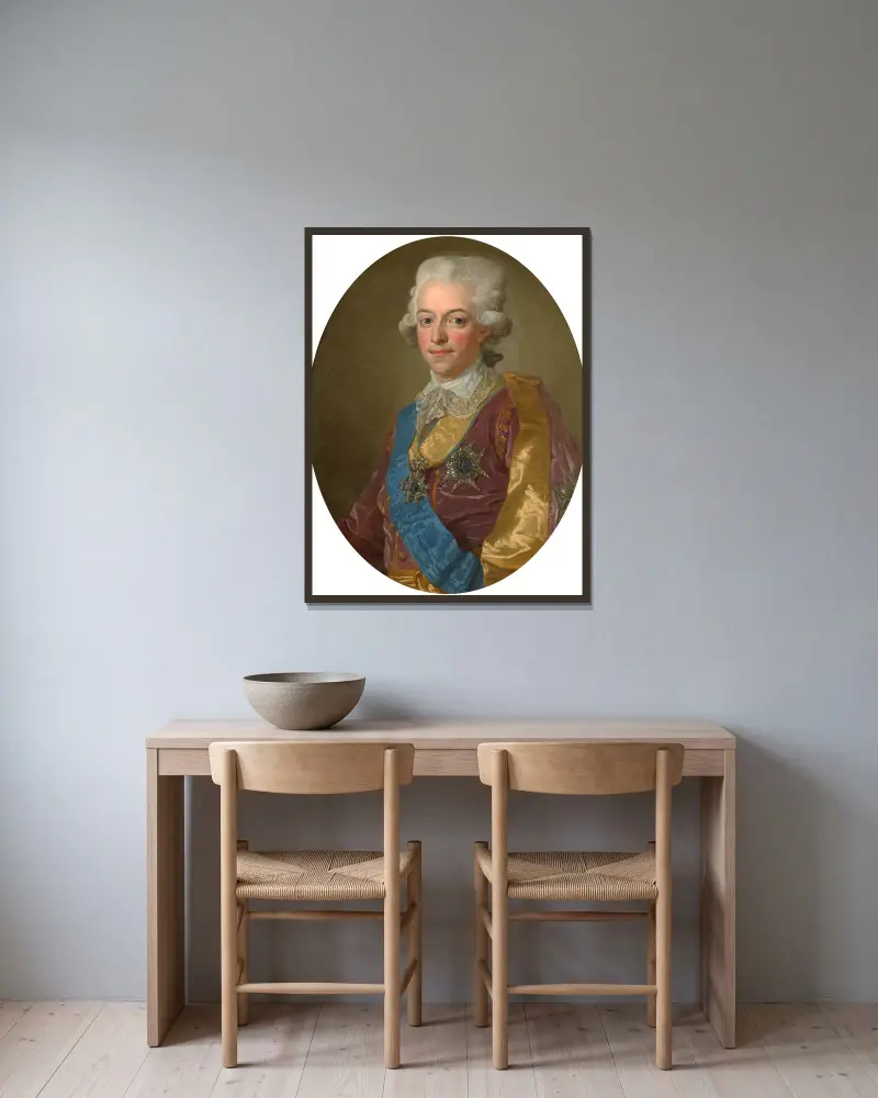 Porträt von Gustav III., König von Schweden von Lorens Pasch the Younger gerahmt an einer Wand