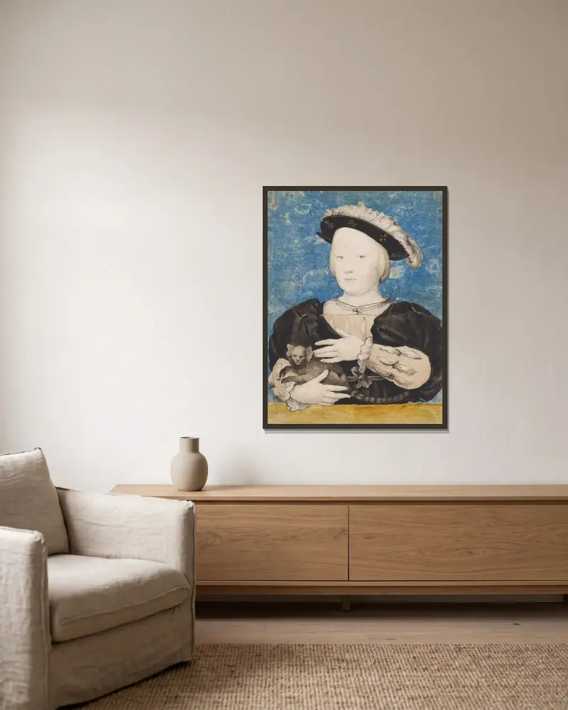 Porträtt av en pojke med en marmoset av Hans Holbein The Younger inramad på en vägg