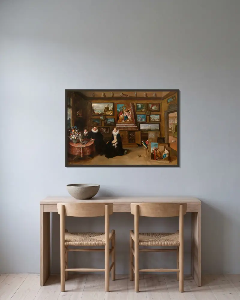 Porträtt av en familj i ett samlarkabinett av Frans Francken the Younger inramad på en vägg