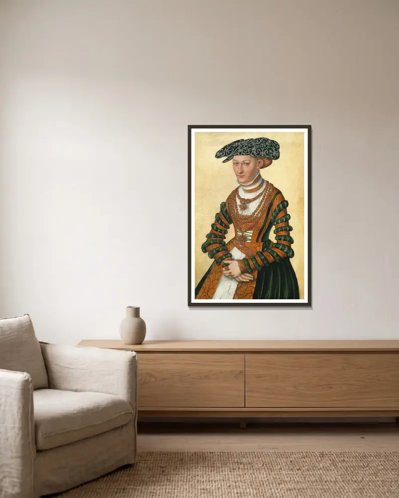 Porträtt av en dam av Lucas Cranach the Younger inramad på en vägg
