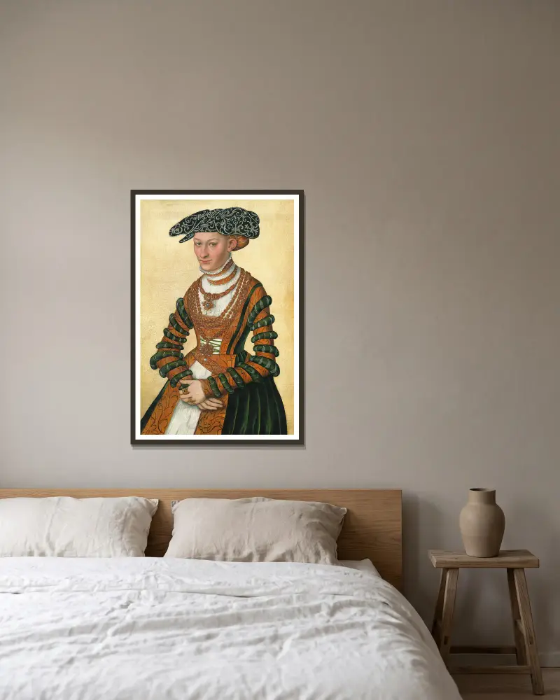 Porträtt av en dam av Lucas Cranach the Younger inramad på en vägg
