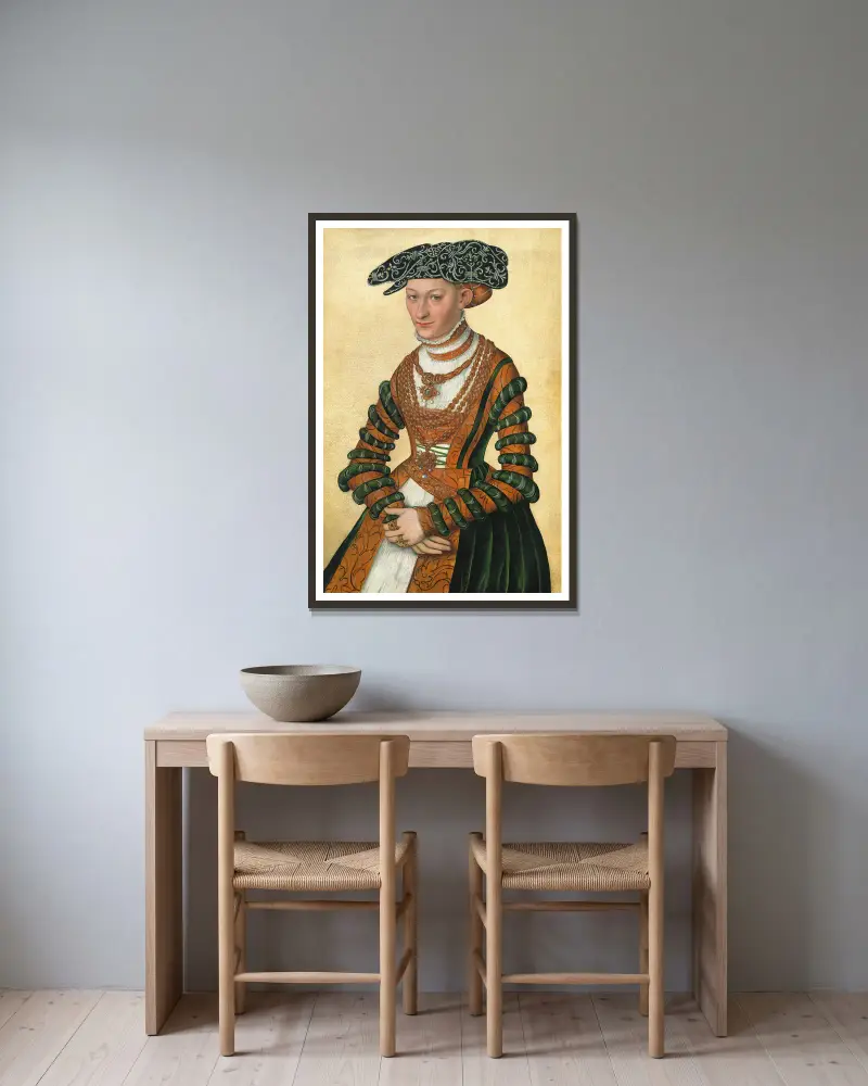 Porträtt av en dam av Lucas Cranach the Younger inramad på en vägg