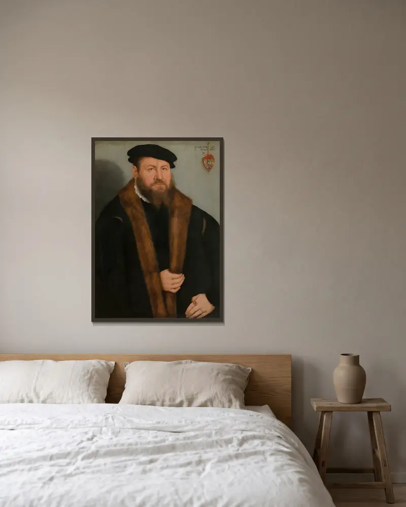 Bildnis eines Mannes von Lucas Cranach the Younger gerahmt an einer Wand
