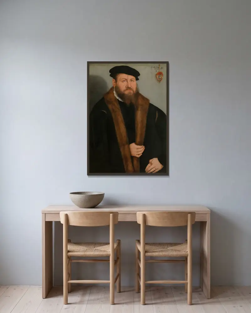 Bildnis eines Mannes von Lucas Cranach the Younger gerahmt an einer Wand