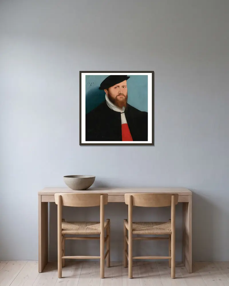 Porträtt av en man med hatt av Lucas Cranach the Younger inramad på en vägg