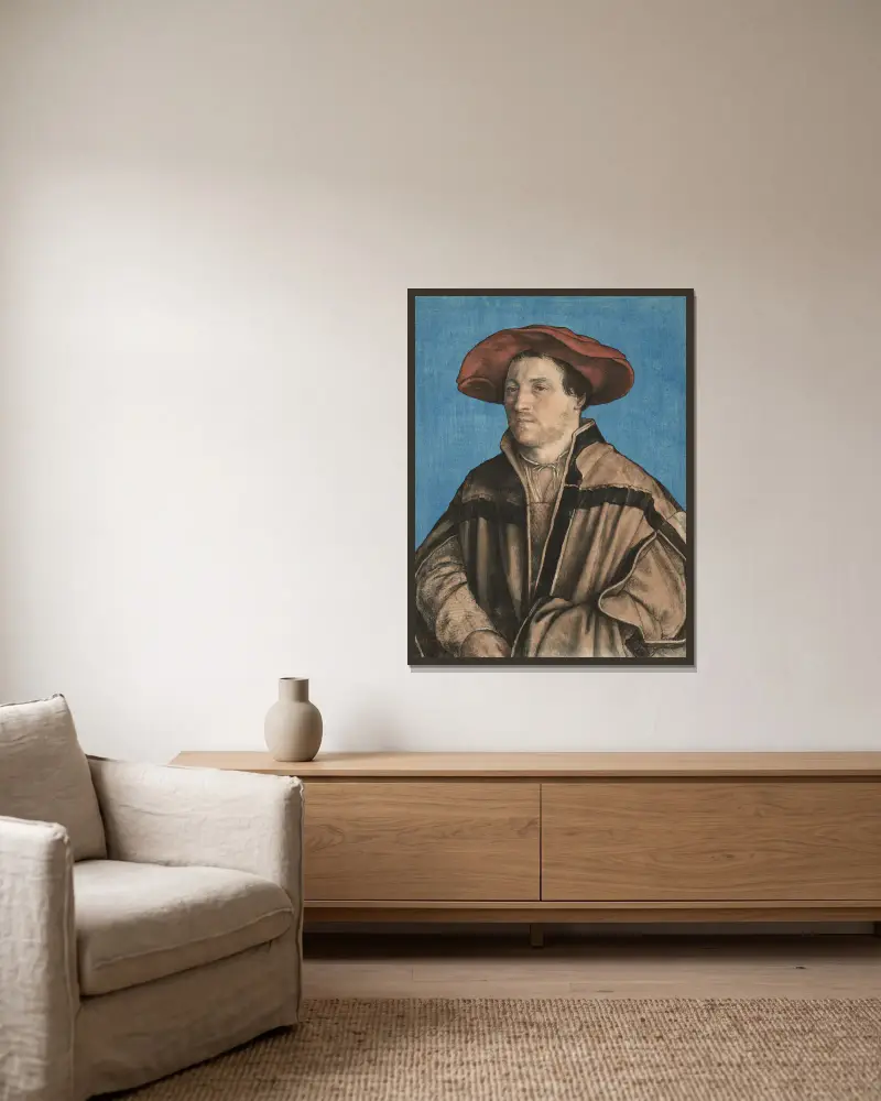 Porträtt av en man i röd basker av Hans Holbein The Younger inramad på en vägg