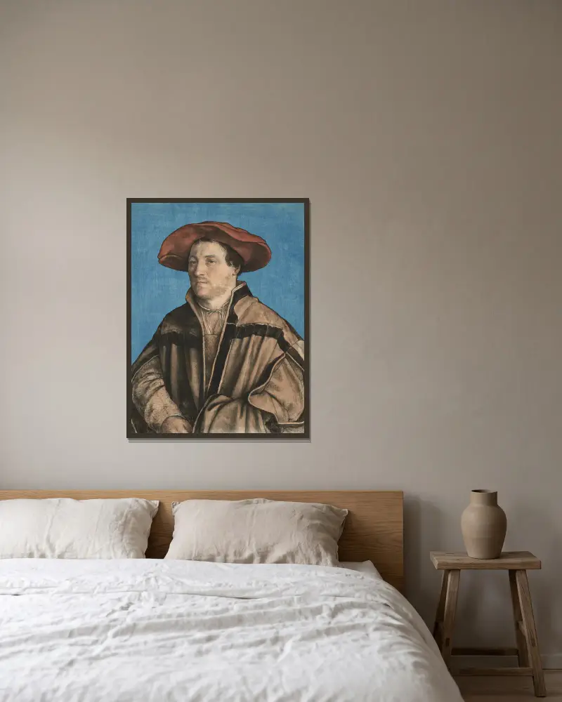 Porträtt av en man i röd basker av Hans Holbein The Younger inramad på en vägg