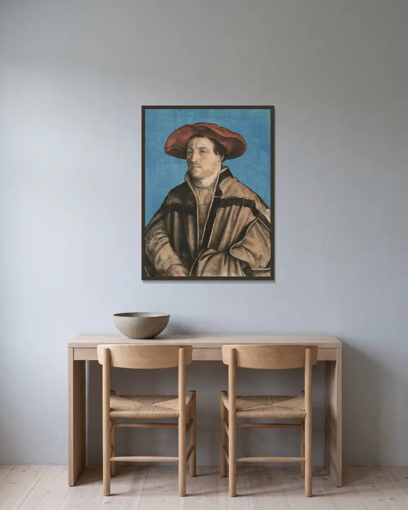 Porträtt av en man i röd basker av Hans Holbein The Younger inramad på en vägg