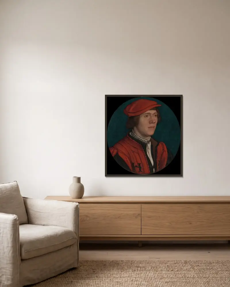 Porträtt av en man i röd mössa av Hans Holbein The Younger inramad på en vägg