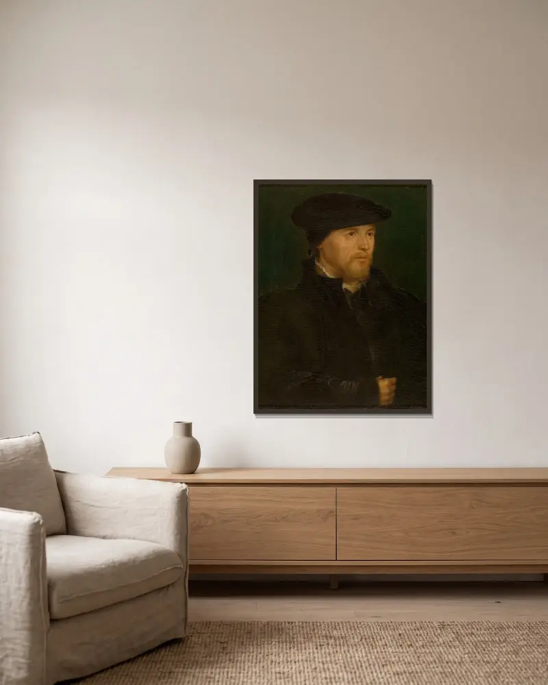 Porträtt av en man av Hans Holbein The Younger inramad på en vägg