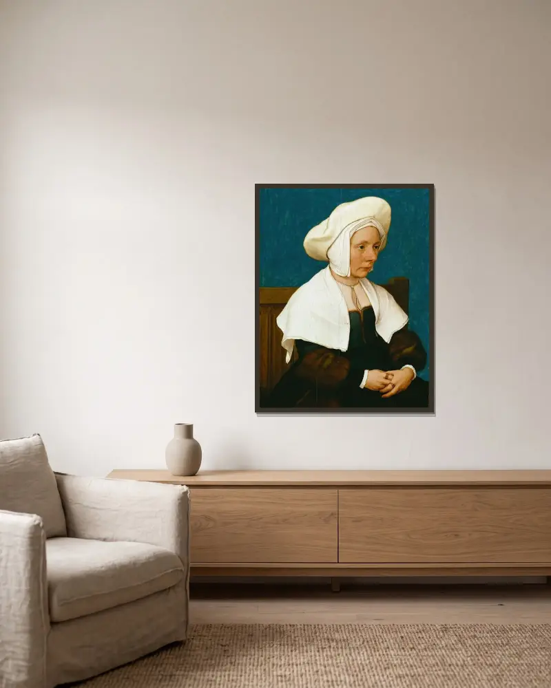 Porträtt av en kvinna av Hans Holbein The Younger inramad på en vägg
