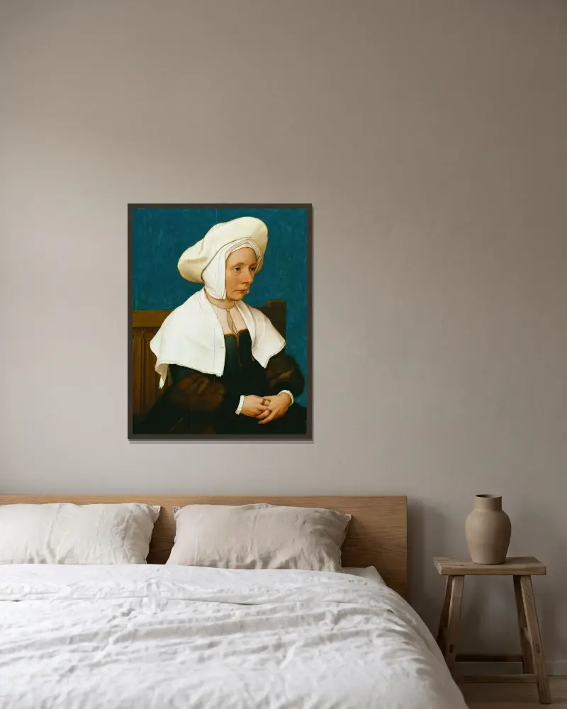 Porträtt av en kvinna av Hans Holbein The Younger inramad på en vägg